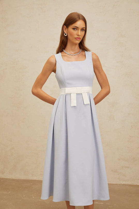 Blue and White Sleeveless Square Neck Midi Dress with Bow Embellishment