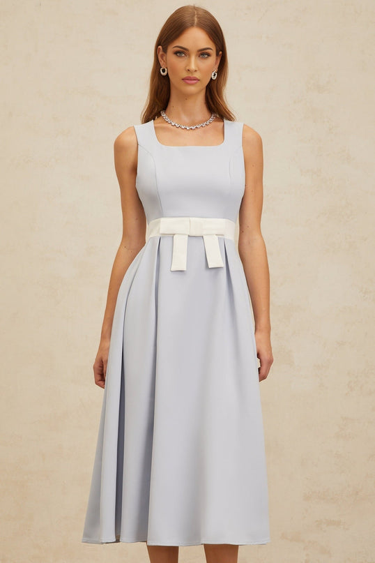 Blue and White Square Neck Sleeveless Midi Dress with Bow Embellishment