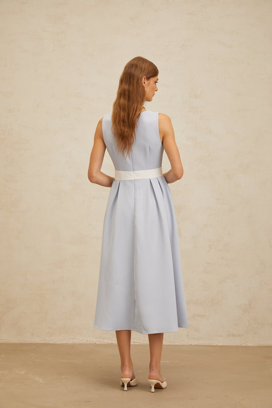 Blue and White Square Neck Sleeveless Midi Dress with Bow Embellishment