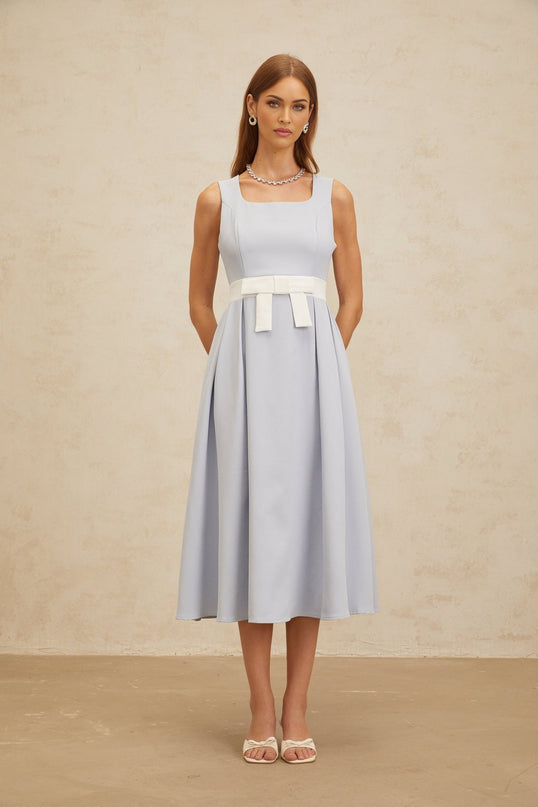 Blue and White Square Neck Sleeveless Midi Dress with Bow Embellishment