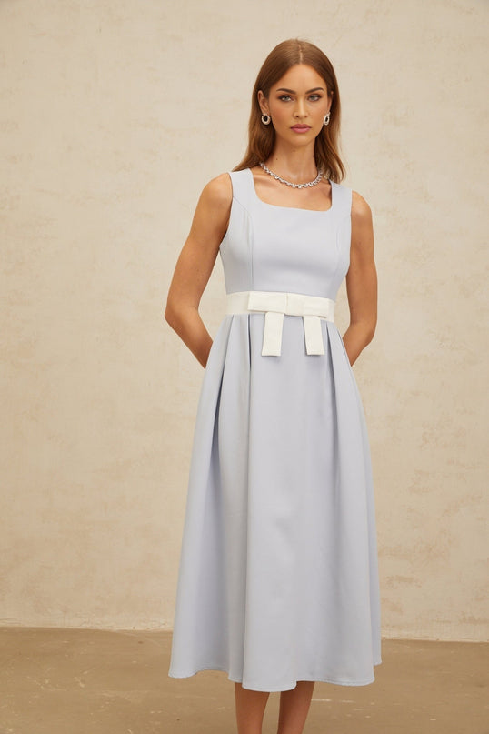 Blue and White Square Neck Sleeveless Midi Dress with Bow Embellishment