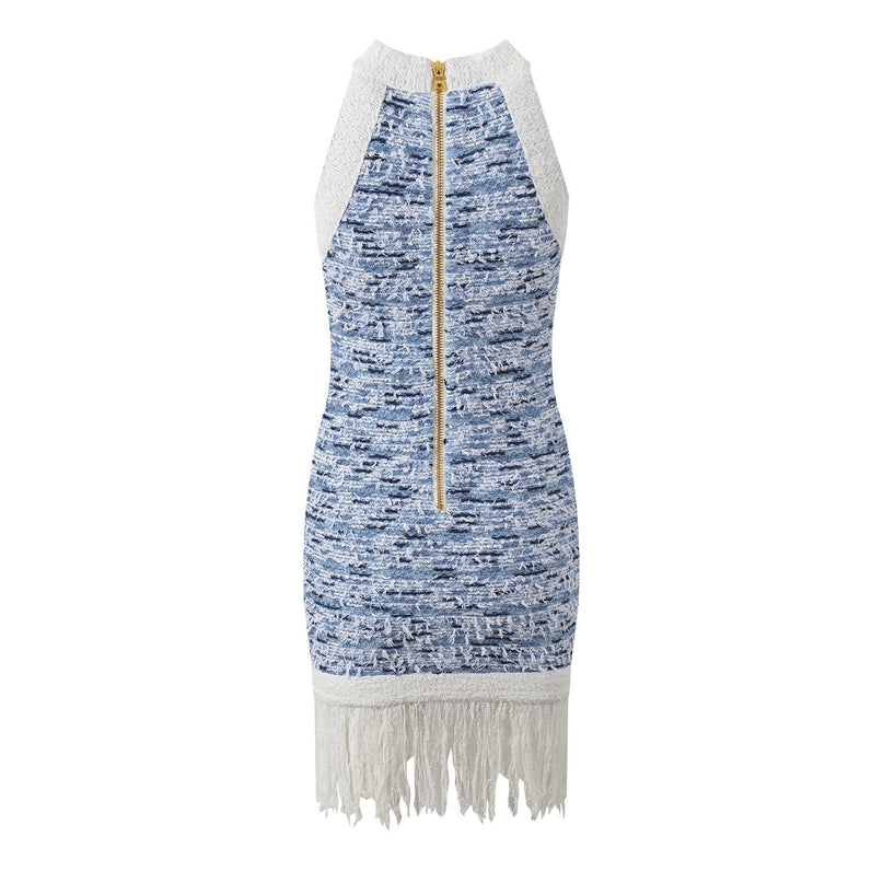 Sleek blue and white textured fringe hem mini dress