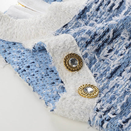 Sleek blue and white textured mini dress with fringe hem and gold buttons