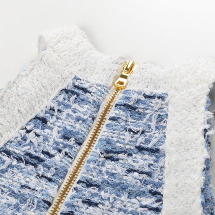Sleek blue and white textured sleeveless mini dress with fringe hem and gold buttons
