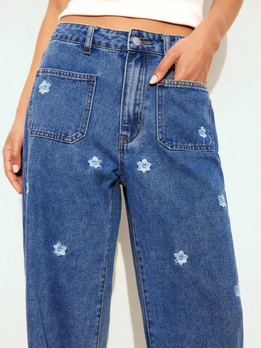 Blue Womens Jeans Embroidery Craft Slimming Straight Pants Low Rise Jeans Summer Denim