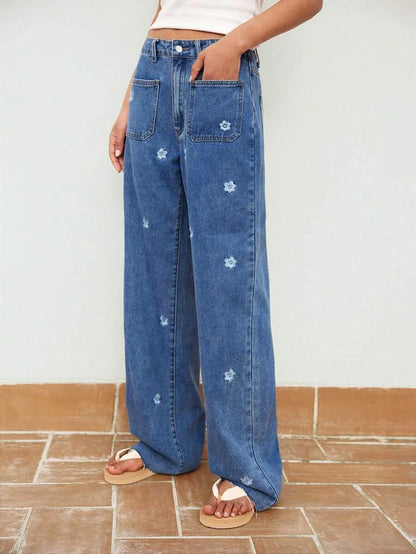 Blue Womens Jeans Embroidery Craft Slimming Straight Pants Low Rise Jeans Summer Denim