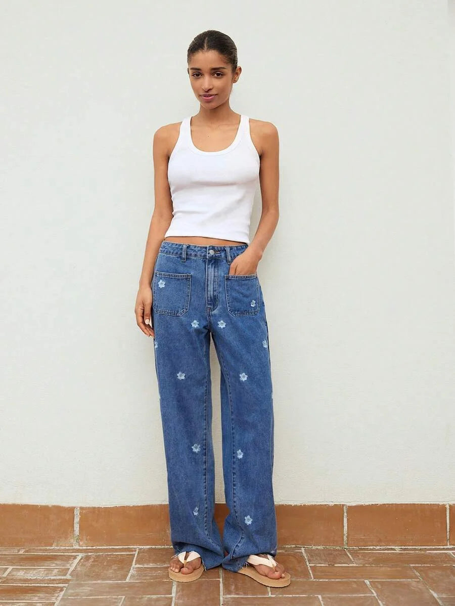 Blue Womens Jeans Embroidery Craft Slimming Straight Pants Low Rise Jeans Summer Denim