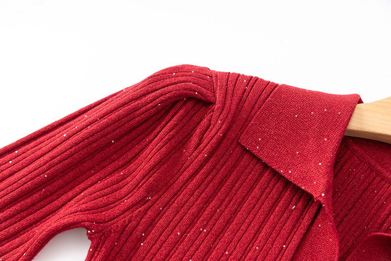 Bold Red Bodycon Ribbed Knit Dress with Sparkling Accents