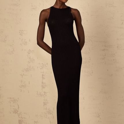 Bonnie Black Ribbed Knit Maxi Dress with Sleeveless Design and Round Neck