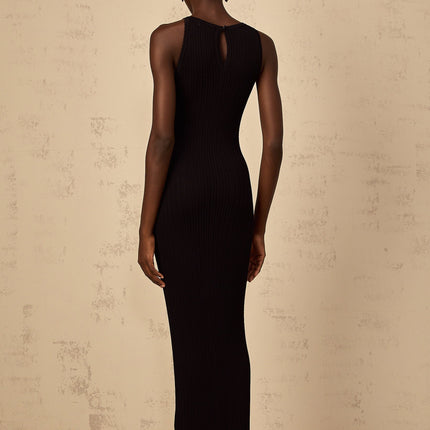Bonnie Black Ribbed Knit Maxi Dress with Sleeveless Design and Round Neck