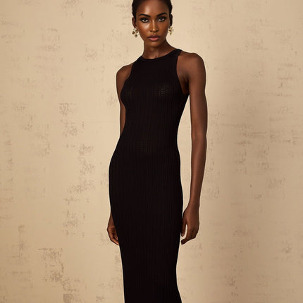 Bonnie Black Ribbed Knit Maxi Dress with Sleeveless Design and Round Neck