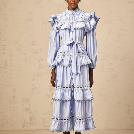 Bonnie Blue Lace Trim Tiered Midi Dress