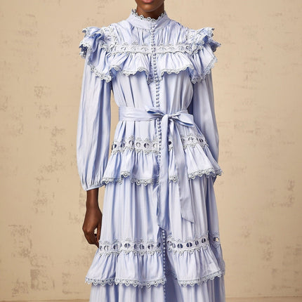 Bonnie Blue Lace Trim Tiered Midi Dress
