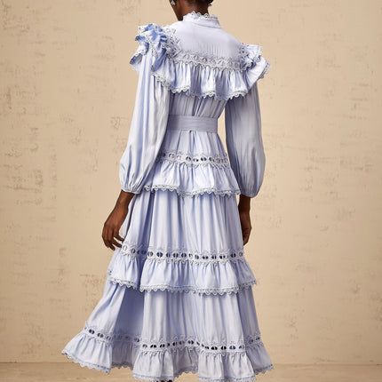 Bonnie Blue Midi Dress with Lace Trim and Cut-Out Detailing