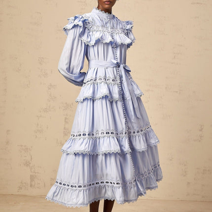 Bonnie Blue Midi Dress with Lace Trim and Cut-Out Detailing