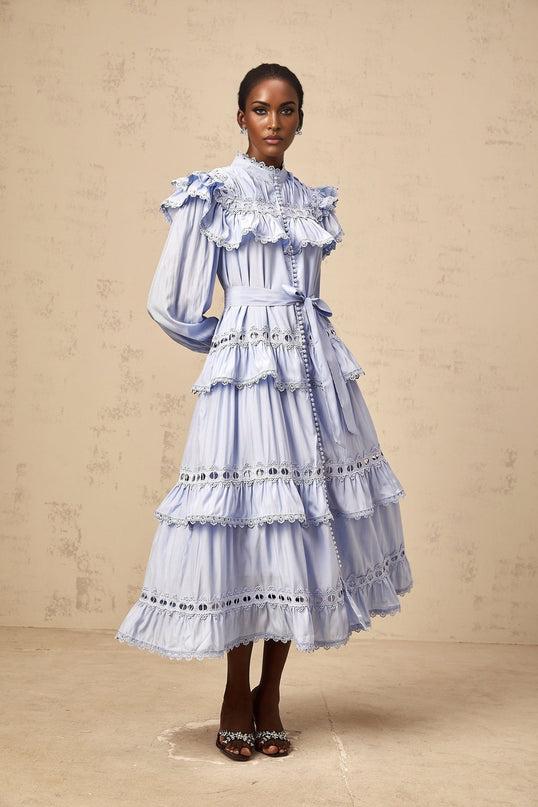 Bonnie Blue Midi Dress with Lace Trim and Cut-Out Detailing
