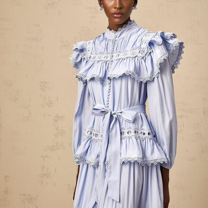 Bonnie Blue Midi Dress with Lace Trim and Cut-Out Detailing