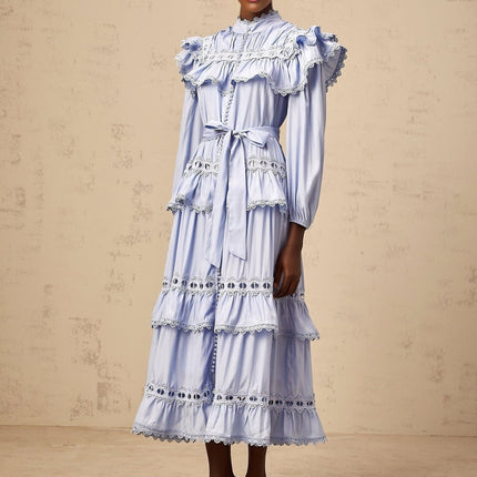 Bonnie Blue Midi Dress with Lace Trim and Cut-Out Detailing