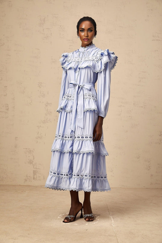 Bonnie Blue Midi Dress with Lace Trim and Cut-Out Detailing