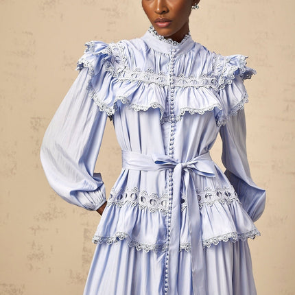 Bonnie Blue Midi Dress with Lace Trim and Cut-Out Detailing