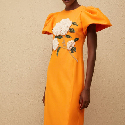 Bonnie Midi Dress in Orange Sequin with Floral Embroidery and Bead Embellishments