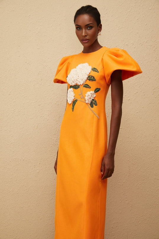 Bonnie Midi Dress in Orange Sequin with Floral Embroidery and Bead Embellishments