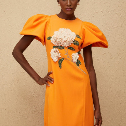 Bonnie Midi Dress in Orange Sequin with Floral Embroidery and Bead Embellishments