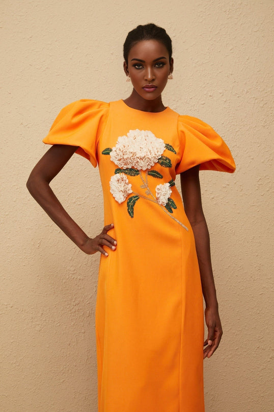 Bonnie Midi Dress in Orange Sequin with Floral Embroidery and Bead Embellishments