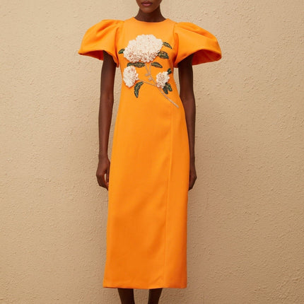 Bonnie Midi Dress in Orange Sequin with Floral Embroidery and Bead Embellishments