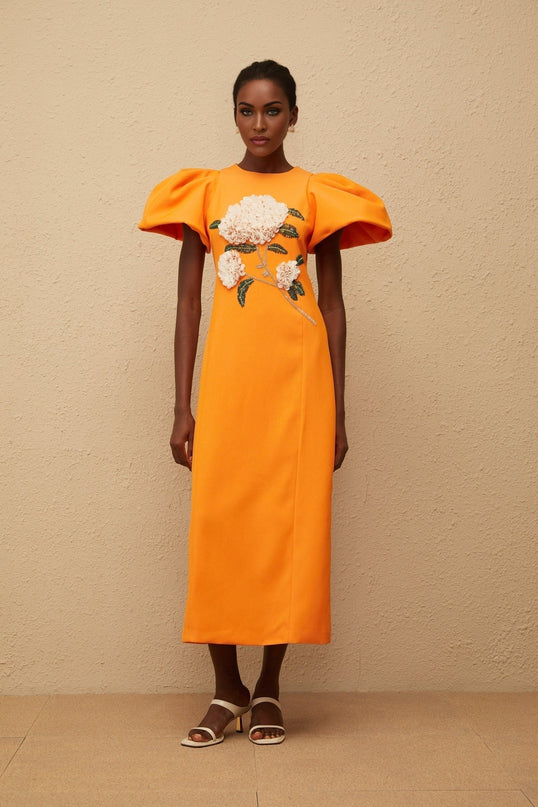 Bonnie Midi Dress in Orange Sequin with Floral Embroidery and Bead Embellishments