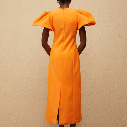 Bonnie Midi Dress in Orange Sequin with Floral Embroidery and Bead Embellishments