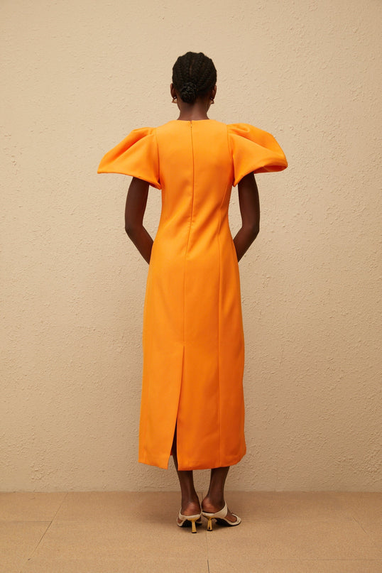 Bonnie Midi Dress in Orange Sequin with Floral Embroidery and Bead Embellishments