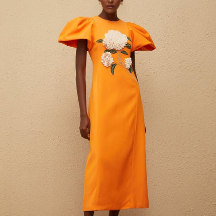 Bonnie Midi Dress in Orange Sequin with Floral Embroidery and Bead Embellishments