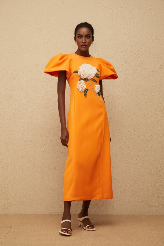 Bonnie Midi Dress in Orange Sequin with Floral Embroidery and Bead Embellishments