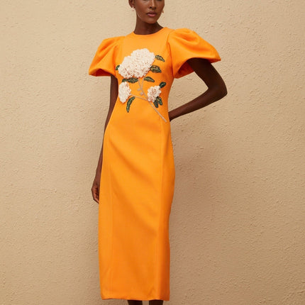 Bonnie Midi Dress in Orange Sequin with Floral Embroidery and Bead Embellishments