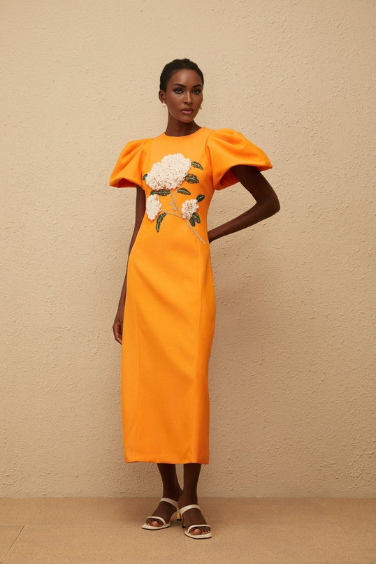 Bonnie Midi Dress in Orange Sequin with Floral Embroidery and Bead Embellishments