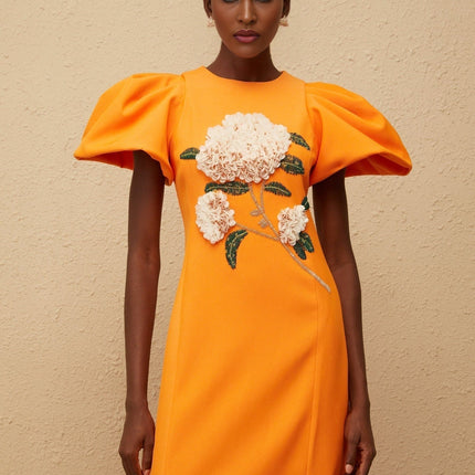 Bonnie Midi Dress in Orange Sequin with Floral Embroidery and Bead Embellishments