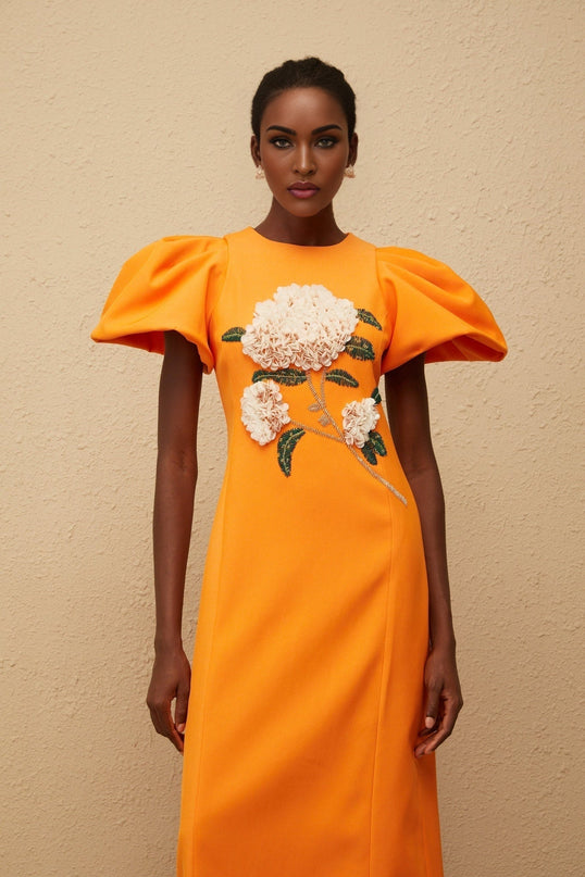Bonnie Midi Dress in Orange Sequin with Floral Embroidery and Bead Embellishments