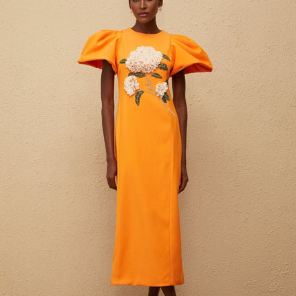 Bonnie Midi Dress in Orange Sequin with Floral Embroidery and Bead Embellishments