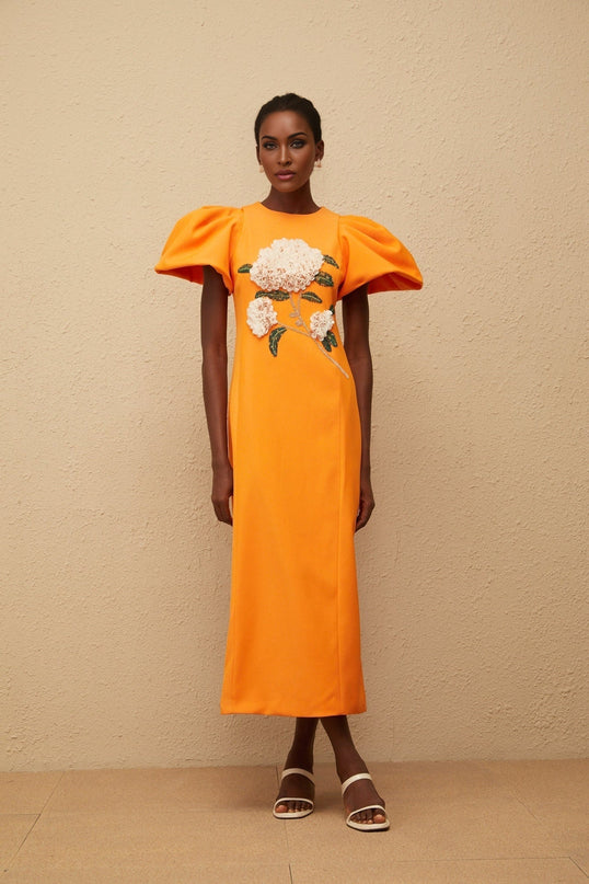 Bonnie Midi Dress in Orange Sequin with Floral Embroidery and Bead Embellishments