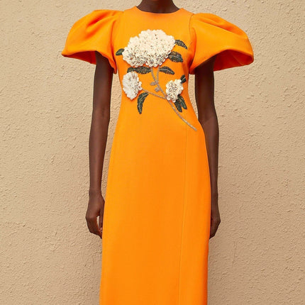 Bonnie Orange Sequin Midi Dress with Floral Embroidery and Bead Embellishments
