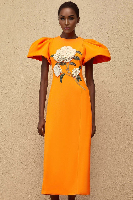 Bonnie Orange Sequin Midi Dress with Floral Embroidery and Bead Embellishments