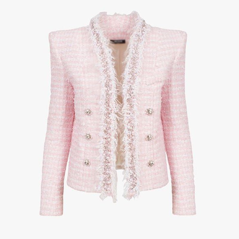 Bouclé Blazer with Fringed Trim & Crystal Buttons - XXS