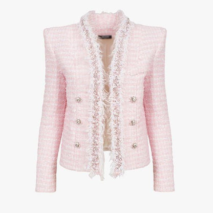 Bouclé Blazer with Fringed Trim & Crystal Buttons - XXS