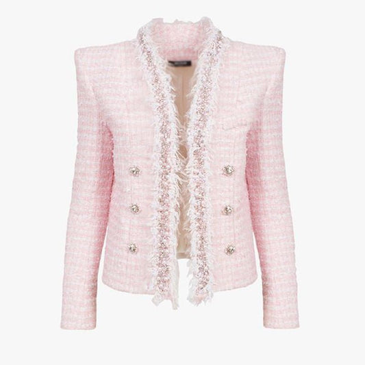 Bouclé Blazer with Fringed Trim & Crystal Buttons - XXS