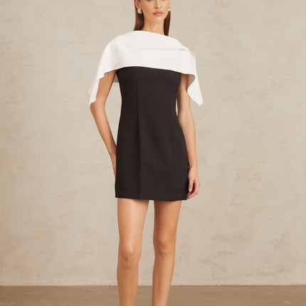 Brenna Black A-Line Dress with Lapels and Cape Detail in Terylene Spandex Blend