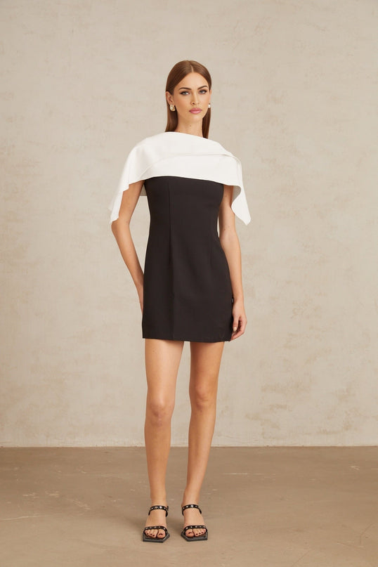 Brenna Black A-Line Dress with Lapels and Cape Detail in Terylene Spandex Blend