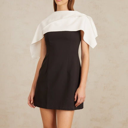 Brenna Black A-Line Dress with Cape Detail in Terylene Spandex Blend
