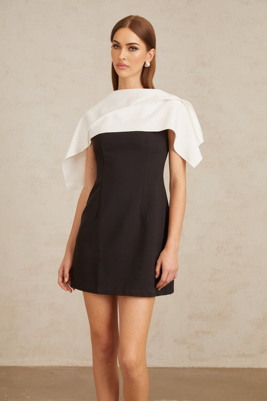 Brenna Black A-Line Dress with Cape Detail in Terylene Spandex Blend