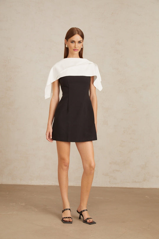 Brenna Black A-Line Dress with Cape Detail
